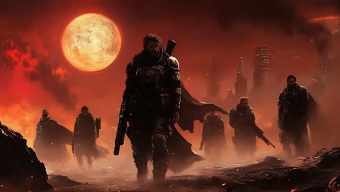Armored figures traverse a red-tinged wasteland before city