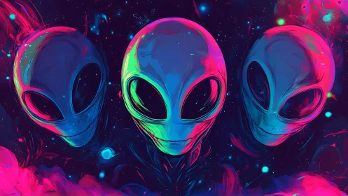 Neon alien trio in deep space glow portrait artwork.