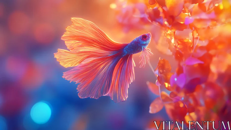 Spectral betta fish with iridescent fins in bokeh bloom field.