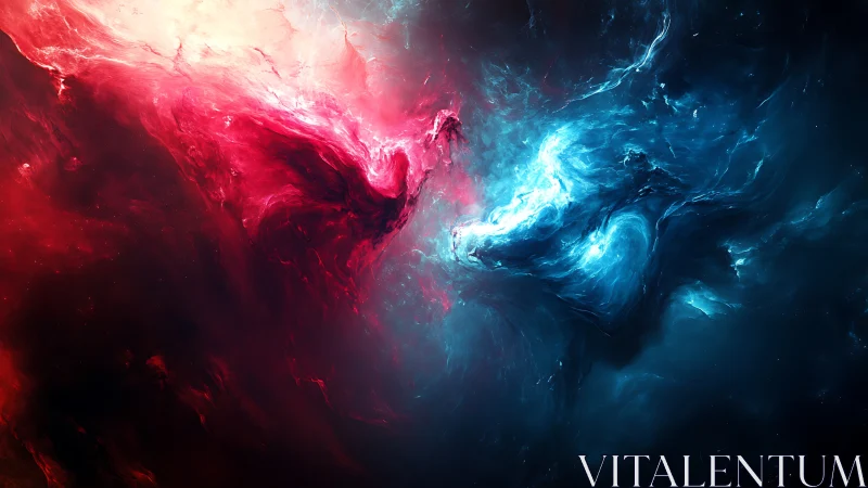 Cosmic red and blue nebula clash in dynamic digital abstraction.