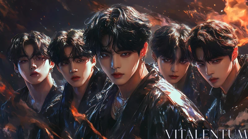 Stormlit idol quintet blazing through molten midnight glamour.