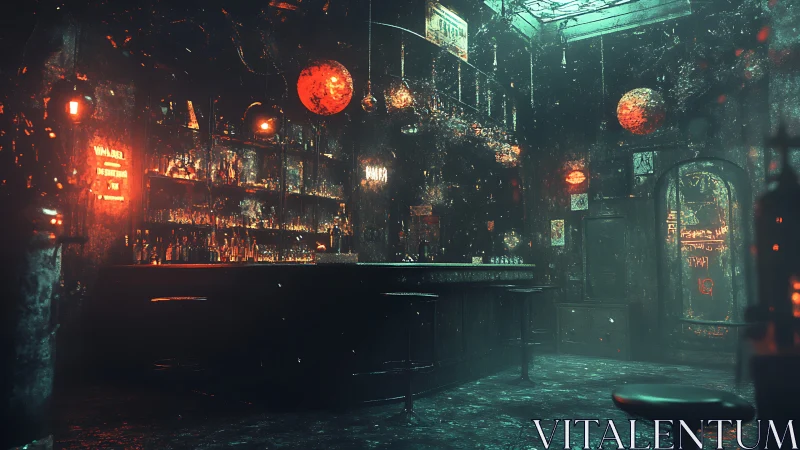 Moody cyberpunk bar interior with volumetric neon lighting and decay