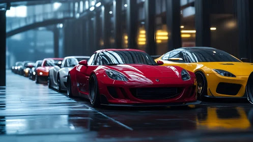 Sleek red supercar leading glossy lineup in moody hall.