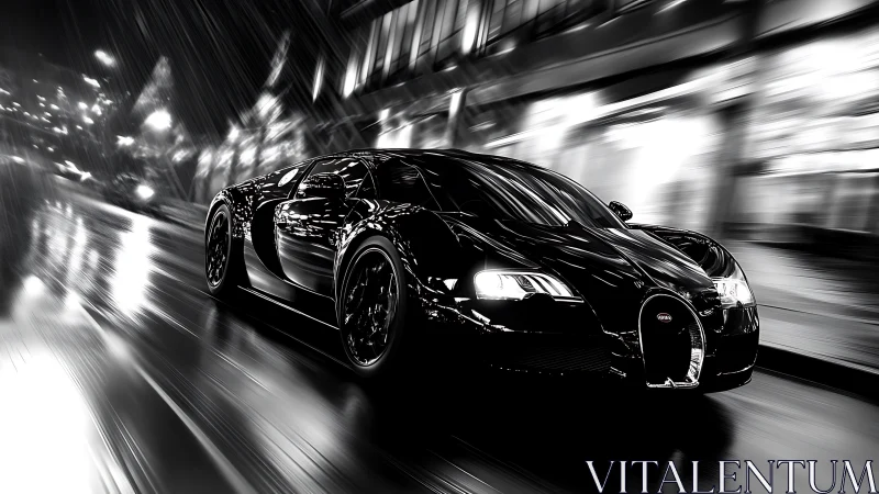 Black supercar racing through wet city street at night.