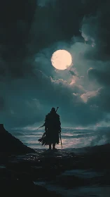 Lone cloaked wanderer walks a stormy shore beneath full moon
