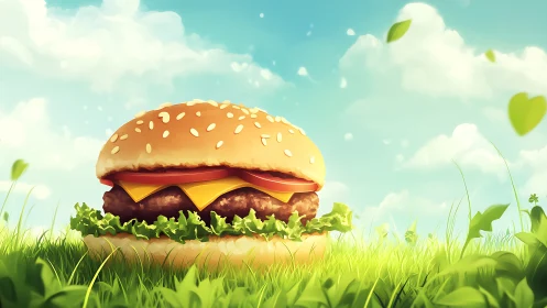 Cheeseburger rests on grass under bright blue summer sky