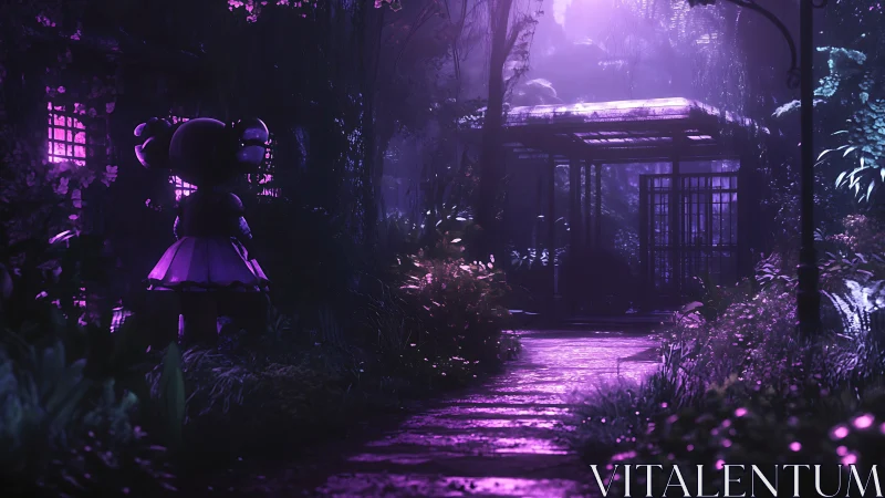 Neon haunted garden path with lurking doll silhouette at dusk.