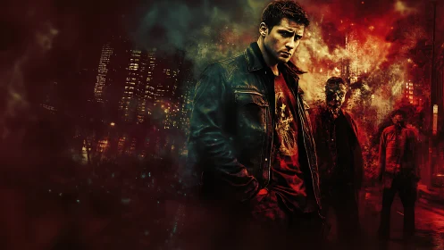 Brooding man in leather jacket against fiery cityscape.