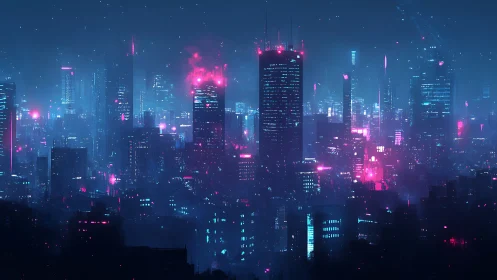 Neon-drenched cyberpunk skyline glows through volumetric haze
