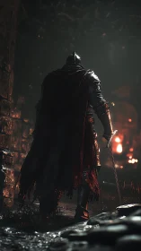 Armored figure with sword in dim, firelit ruin at night.