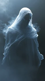 Shrouded spectral figure emerges from swirling blue mist.