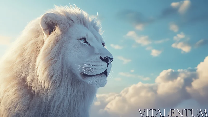 Majestic white lion gazes calmly across a dreamy sky