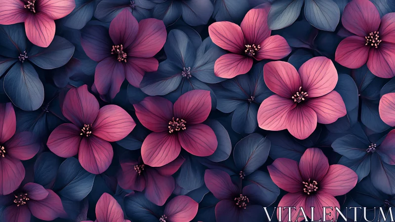 Layered Floral Composition: Pink and Navy Blooms in Dense Overlap.