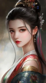 Elegant noblewoman gazes softly in ornate hanfu portrait.