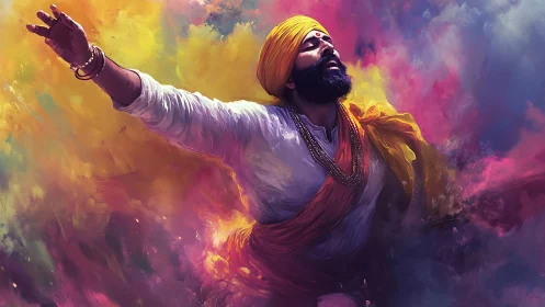 Devotional dancer in saffron robes amid radiant color clouds