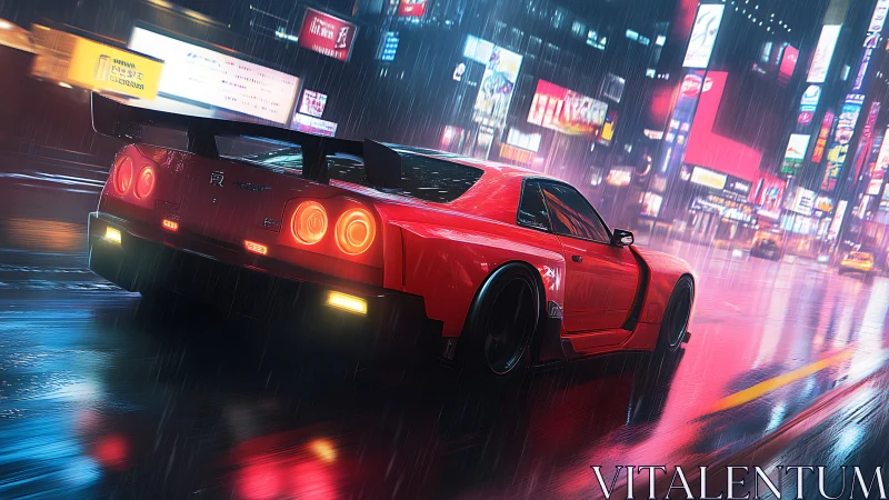 Crimson night drive through neon city streets in the rain.