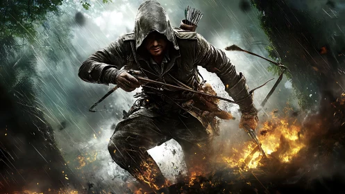 Hooded archer charges through burning forest under rain.
