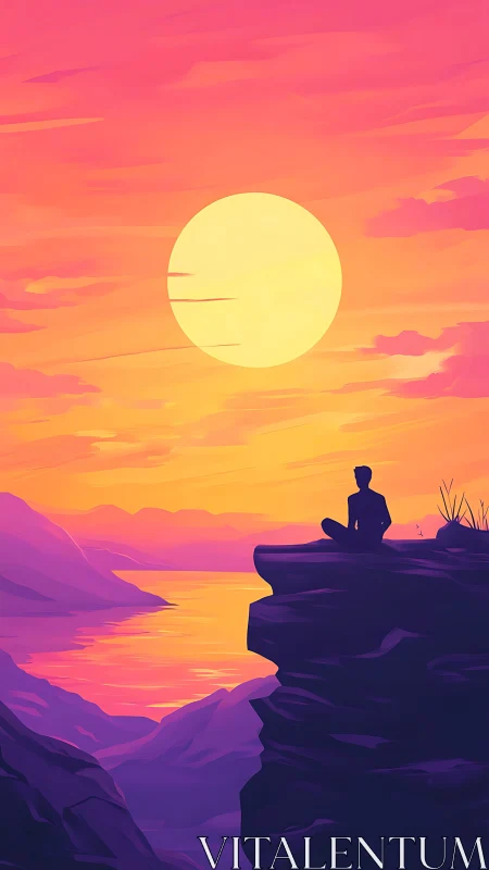 Quiet soul rests on a cliff beneath a glowing sunset sky