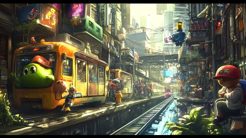 Concept art of whimsical neo-urban rail corridor environment.