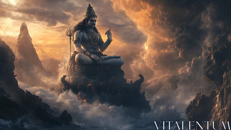 Stormlit mountain deity seated in meditative cosmic hush.