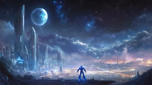 Lone armored hero quietly overlooks a glowing future city