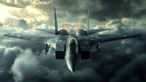Stealth fighter jet cuts through storm-lit clouds at speed.