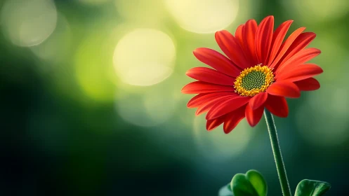 Red Gerbera Daisy Against Softly Blurred Green Background