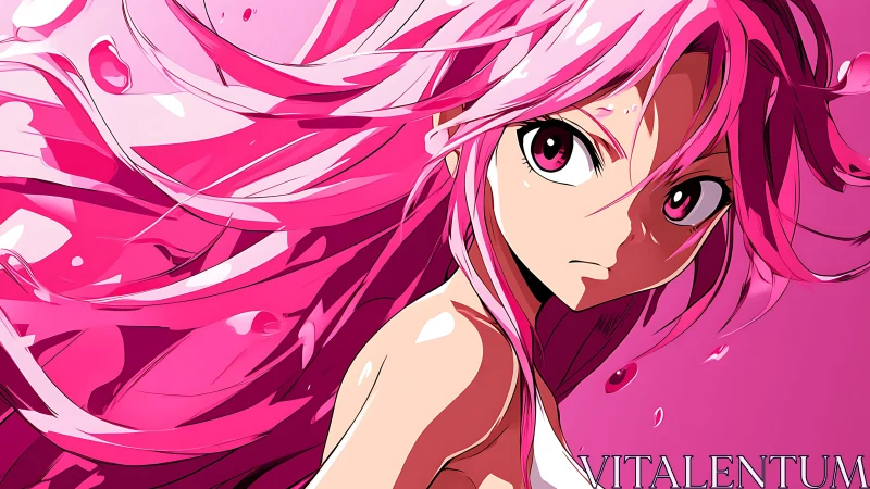 Pink haired anime heroine turns with fierce, liquid energy
