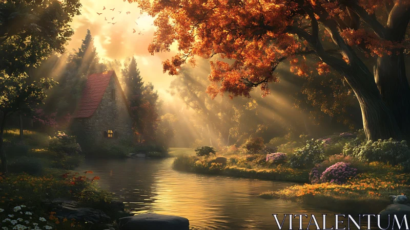 Autumn forest river glows under cinematic golden sunrise light.