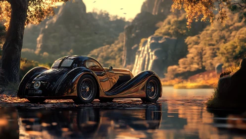 Curved black vintage coupé beside luminous autumn river.