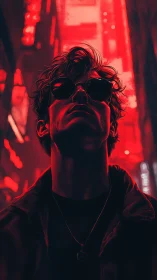 Neon-lit silhouette gazes upward in moody cyber red cityscape.