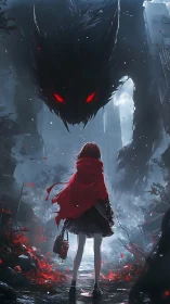 Scarlet-hooded girl confronts colossal red-eyed shadow beast