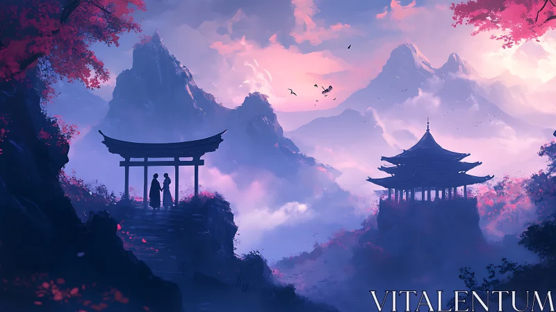 Silhouetted figures stand by gate above misty mountain temple