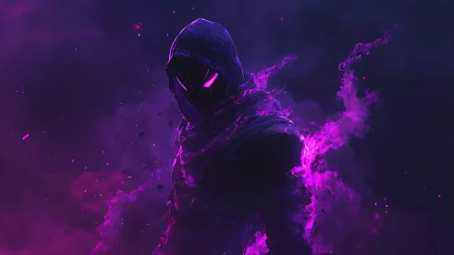 Shadowy neon rogue wrapped in electric violet flame.