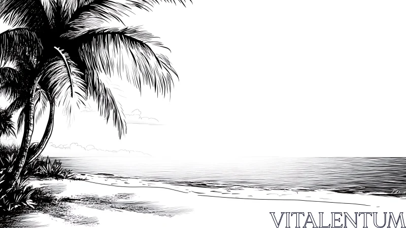 Ink-rendered tropical shoreline with palm fronds compositionally framing sandy beach and calm waters