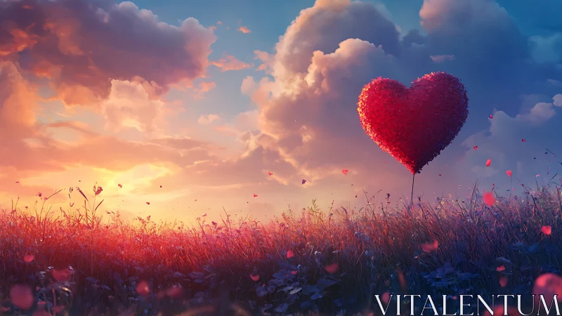 Large red heart shape floating above field under dramatic sky