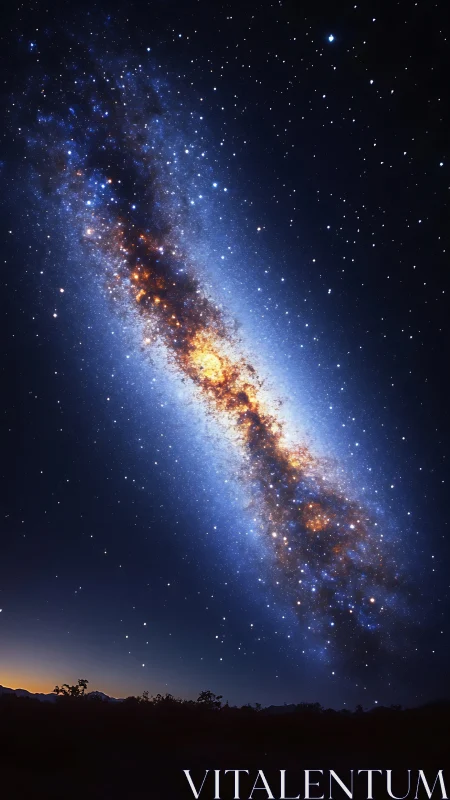 Milky Way core glows over desert horizon at night sky.