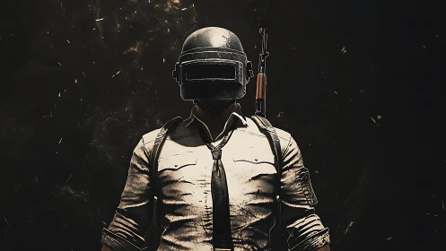 Stoic helmeted warrior stands ready in dramatic darkness