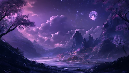 Violet moonlit fantasy valley with glowing river and peaks.