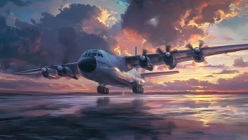 Twilight cargo titan glides across a storm-painted runway.