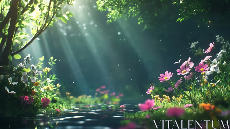 Sunlit forest stream with playful wildflowers in bloom.