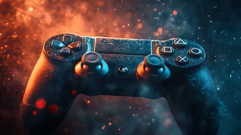 Game controller floats in blue and orange illuminated dust cloud