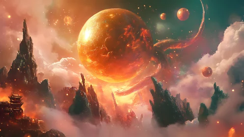 Molten orange planet rises over jagged alien peaks