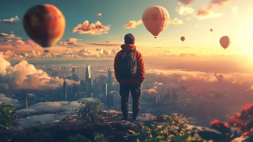 Solitary hiker overlooks sunlit city with drifting air balloons