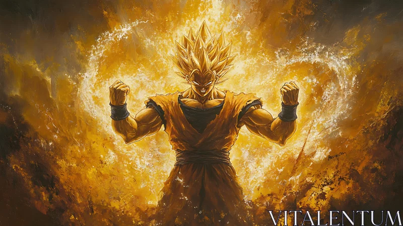 Golden energy warrior stands within blazing aura circle.
