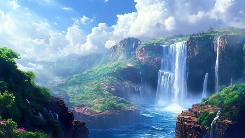 Emerald canyon cascades under cloud-lit sky in dreamlike glow.