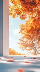 Open architectural frame reveals orange foliage outside