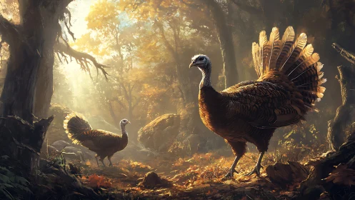 Golden forest turkeys wander softly through autumn light