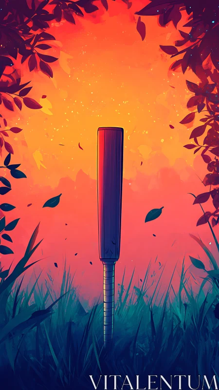 Cricket bat stands tall while twilight foliage quietly blazes