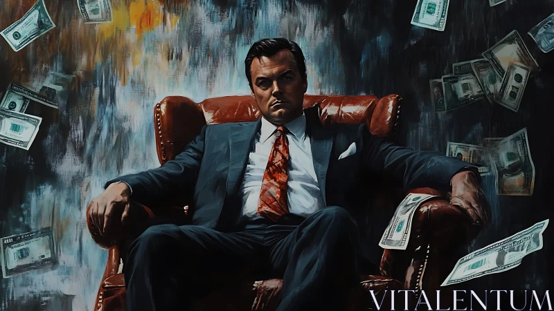 Storm-eyed mogul on a leather throne of falling money.